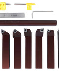 One Inch Shank Nine Piece Indexable Turning And Boring Set With Uncoated Sharp Edge Carbide Inserts For Aluminum And Non-Ferrous Metals Includes Eight One By One Holders For Precision Machining displayed with accessories
