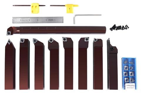 One Inch Shank Nine Piece Indexable Turning And Boring Set With Uncoated Sharp Edge Carbide Inserts For Aluminum And Non-Ferrous Metals Includes Eight One By One Holders For Precision Machining displayed with accessories