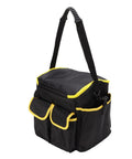 Heavy Duty Oxford Tool Organizer Bag With Removable Divider And Nonslip Rubber Feet Built Like A Tank For Tradesmen And Diy Crew Portable 20 Liter Carry Tote with yellow trim and side pockets.