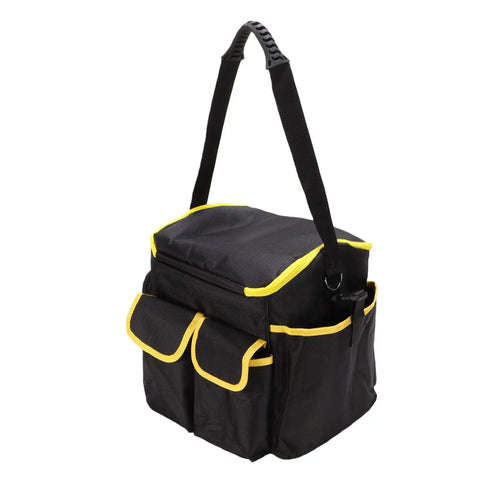Heavy Duty Oxford Tool Organizer Bag With Removable Divider And Nonslip Rubber Feet Built Like A Tank For Tradesmen And Diy Crew Portable 20 Liter Carry Tote with yellow trim and side pockets.