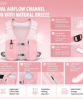 Lightweight running hydration vest for men and women with 6 plus pockets and front bottle holders, pink with reflective strips.