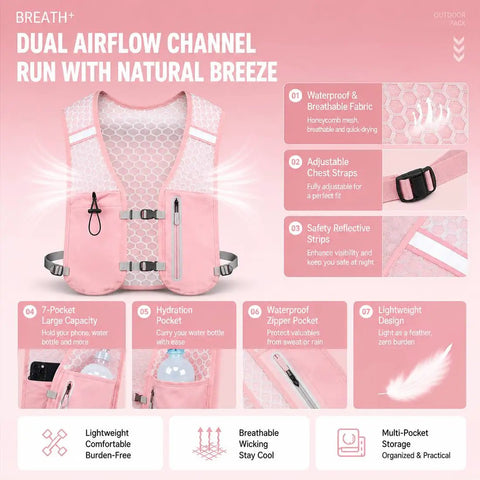 Lightweight running hydration vest for men and women with 6 plus pockets and front bottle holders, pink with reflective strips.