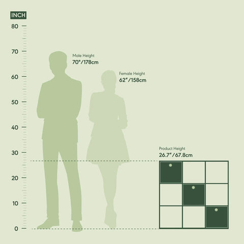 Size comparison chart of the Espresso Black 9 Cube Organizer with Bins, showing product height of 26.7 inches next to silhouettes.