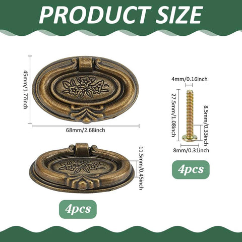 Four Pack Antique Oval Drawer Pulls In Antique Bronze, Vintage Floral Engraved Cabinet Handles with size details and screws