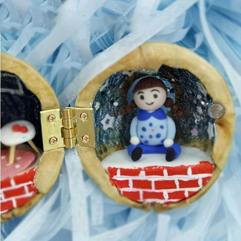 Miniature doll scene inside a jewelry box with 500Pcs Small Brass Antique Mini Hinges with Screws and Screwdriver for DIY Projects.