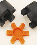 Flexible L095 One Half To Three Quarters Inch L Jaw Urethane Coupling Set, Three Piece With Two Halves And Urethane Spider, Beefy Torque, Outer Diameter Two And One Eighth Inch, Assembled Length Two And One Half Inch, black halves and orange spider