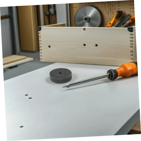 Top Notch 6 Pack Nylon Polishing Wheels With 10mm Hole And 75mm Size for metal surface finishing on a workbench.