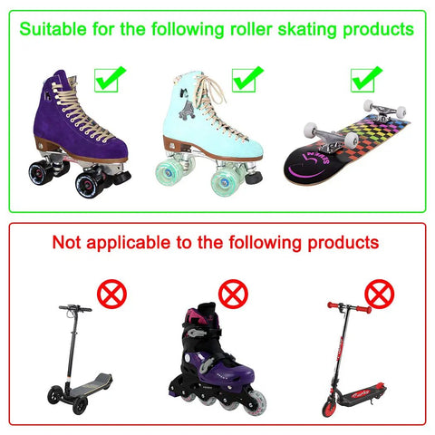 Image showing suitability of 8 Pack Light Up Roller Skate Wheels With Preinstalled Bearings For Double Row Skating And Skateboards 32mm X 58mm 82A Polyurethane Wheels Includes Mounting Wrench for double-row skates and skateboards, not for scooters or inline skates.