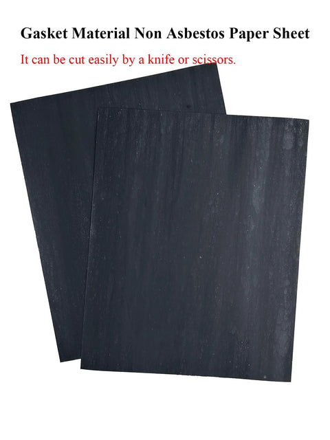 Two dark gray gasket paper sheets; non-asbestos, gas/diesel resistant for small engines and automotive sealing.