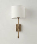 Fabric Shade Wall Sconce Vintage Brass Metal Lamp Bedside Indoor Lighting with white fabric shade on a metal wall mount.