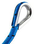 Amarine Made 3/16 Inch By 100 Ft Premium Braided Polypropylene Boat Anchor Rope with stainless steel thimble close-up.