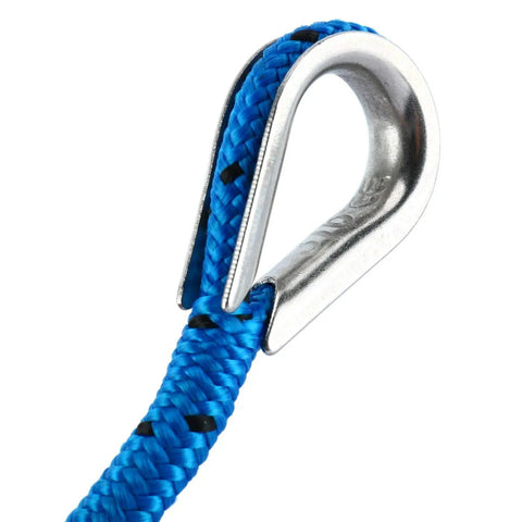 Amarine Made 3/16 Inch By 100 Ft Premium Braided Polypropylene Boat Anchor Rope with stainless steel thimble close-up.