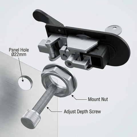 Built Tough Adjustable Compression Latch Keyed Alike Four Pack Flush Mount Cabinet Lock with Sturdy Alloy Finish detailed view of adjustable screw and mount nut.
