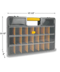 Front view of a 26 Adjustable Compartment Hardware Organizer Box With Dividers Durable Plastic Screw Storage Case for nuts, bolts, screws, nails and small hardware.