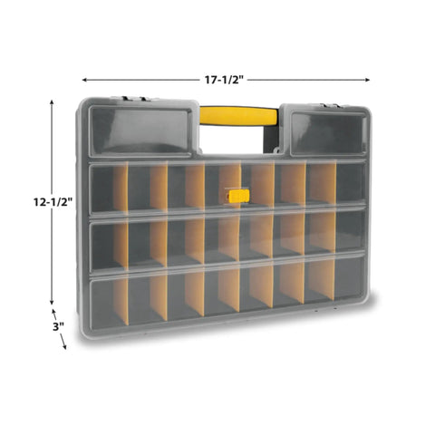 Front view of a 26 Adjustable Compartment Hardware Organizer Box With Dividers Durable Plastic Screw Storage Case for nuts, bolts, screws, nails and small hardware.