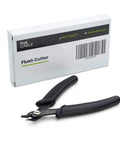 trueCABLE Flush Cutter with black handle, front view beside white box labeled Flush Cutter
