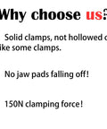 Text image listing benefits of 9 Inch Heavy Duty Spring Clamps With Kickass Grip Rock Solid Build Hella Durable Engineering Plastic And Soft Bi Material Handles Sweet For Woodworking And Quick Shop Fixes 2 Piece Set.