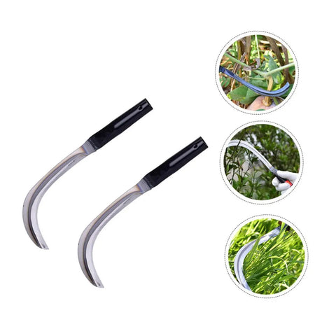 Two Pack Handheld Mowing Sickle For Harvesting And Weeding Comfy Grip Garden And Farm Tool with wood handles and steel hooks