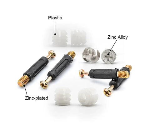 Next Level Cam Lock Fasteners 108 Piece Alloy Steel Furniture Hardware Kit showing plastic and zinc alloy components for cabinetry.