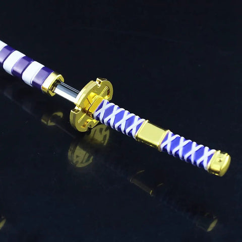 Close-up of Totally Badass 10 Inch Anime Samurai Sword Replica Katana Made From Zinc Alloy, gold tsuba detail, purple and white handle.