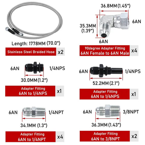 Components of Universal 6AN 70 Inch Stainless Steel Braided PTFE Transmission Fluid Oil Cooler Hose Kit With AN6 Fittings For TH350 TH400 4L60E 4L80E 700R4 200-4R TR6060 Ford AOD 4R100 4R70W And C5