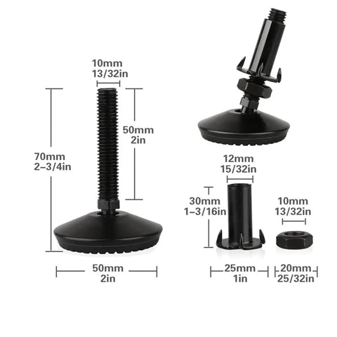8 Piece Heavy Duty Furniture Leveling Feet Set for Cabinets Tables Chairs with precise dimensions visible