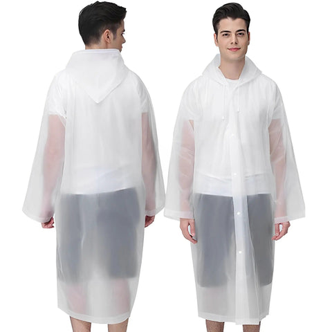 Front and back view of Lightweight Adults Rain Poncho Set 2 Pack with Hood Reusable Waterproof Rain Coats for Women and Men, white color