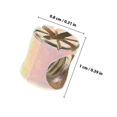 Close-up of a zinc alloy cross dowel nut from 20 Pack M6x10mm Barrel Nuts Cross Dowel Slotted Hardware, showing dimensions