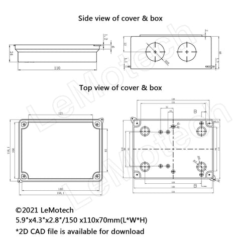ABS Plastic IP65 Dustproof Waterproof Junction Box Universal Electrical Project Enclosure White 5.9 x 4.3 x 2.8 Inch technical drawing