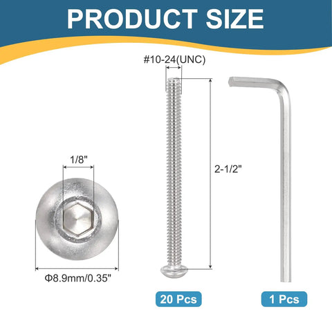 20 Pack Size 10 2-1/2 Inch Button Head Socket Cap Bolts Built With Kickass 304 Stainless Steel 18-8 Hex Drive Hardware, Hella Durable Fasteners Engineered For Seamless DIY Furniture Mounting, Heavy Repairs, And Knockout Corrosion Resistance Anytime, showing dimensions and hex wrench.