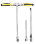 Go-To T Handle Ratchet Wrench And Quick Release Socket Kit With Built In Magnet And Comfort Grip showcasing the T-handle and three chrome sockets.