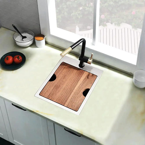 Drop In Bar Sink 15 X 21 Inch Single Bowl In 16 Gauge T304 Stainless Steel Satin Finish shown with cutting board on top