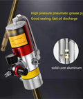 Heavy Duty Air Operated Grease Pump For 55 Gallon Drums With Universal Drum Cap And Extra Long High Pressure Hose Transfer Tool, showing gauge and aluminum body.