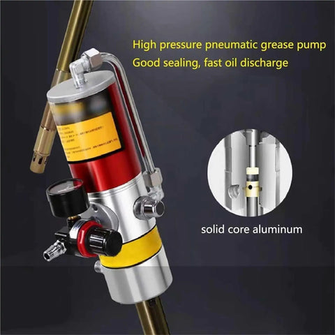 Heavy Duty Air Operated Grease Pump For 55 Gallon Drums With Universal Drum Cap And Extra Long High Pressure Hose Transfer Tool, showing gauge and aluminum body.