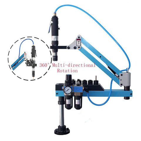Get The Job Done Fast With This Heavy Duty Pneumatic Tapping Machine For Smooth M3 To M12 Threading with blue aluminum arm and air hose.