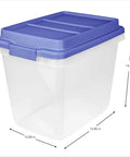Kick Ass 32 Quart Clear Plastic Stackable Storage Bins With Blue Latching Lids, 12x16.85x14.24 inches, ideal for heavy-duty storage.