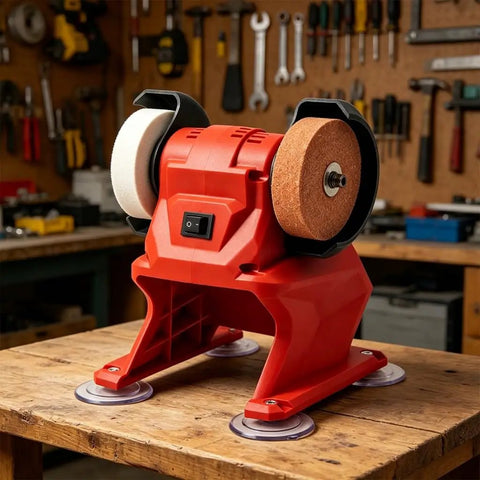 Badass Performance Compact 21V Cordless Bench Grinder with coarse and fine wheels on a workbench for quick metal and wood tasks.