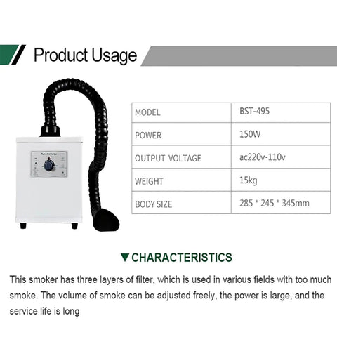 Moveable Welding Fume Extractor With Dual Ports Desktop Smoke Remover And 3 Stage Purifier, specifications chart shown
