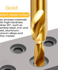 Two-stage step drill bit, gold titanium-plated surface, M3-M12 range, close-up drilling into metal