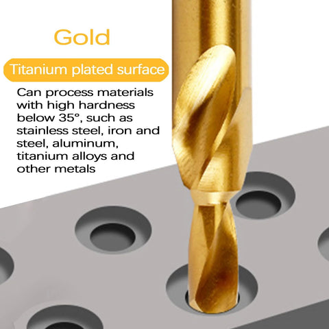 Two-stage step drill bit, gold titanium-plated surface, M3-M12 range, close-up drilling into metal