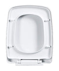 Top Shelf Soft Close Toilet Seat With Adjustable Top Mount Hinges Thick Reinforced Lid No Sweat Setup Smooth Glide Closing Secure Snug Fit Premium Purple Bathroom Fixture UV Shape Compatible, top view of white toilet seat.