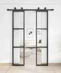 Front view of Double Barn Door Set 36 By 84 With 6Ft Hardware Kit And Soft Close Includes Two 18 By 84 Three Pane Clear Tempered Glass Panels