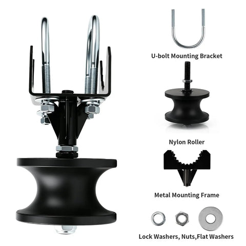 Cantilevered Gate Roller Built Tough With Heavy Duty Nylon Wheel And Weather Resistant Frame, Steel U Bolt And Mounting Hardware For Quick Install Fits Four Inch Round Posts And Two And Three Eighths Inch Or Two And A Half Inch Chain Link Fence Frames; nylon roller and U-bolt
