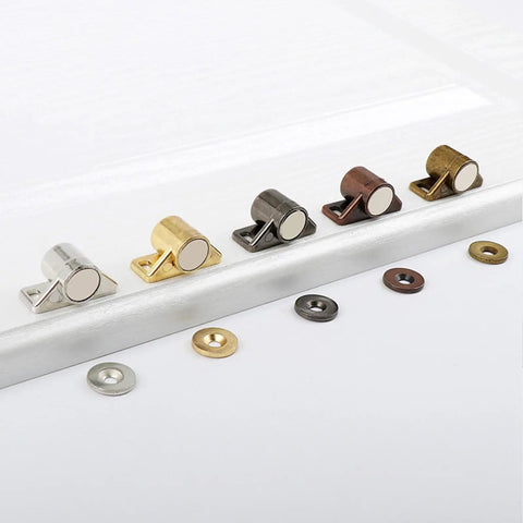 Heavy Duty 4 Pack Zinc Alloy Door Stoppers With Strong Magnets Smooth Quiet Cabinet Catches For Cupboard Holders Easy Install Screw Kit showing various finishes.