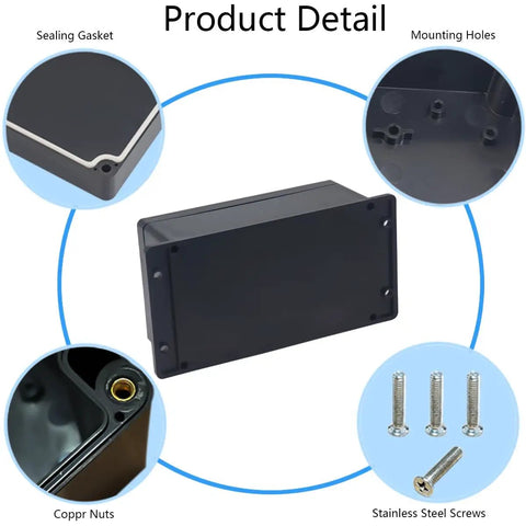 IP65 Waterproof Project Box For DIY Electronics Gear in ABS Plastic Enclosure showing details of sealing gasket, mounting holes, copper nuts, and screws.