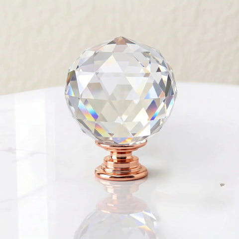 Crystal Glass Cabinet Knobs 10 Pack Diamond Cut Round Drawer Pulls With Rose Gold Base 30mm Clear Knobs Displayed