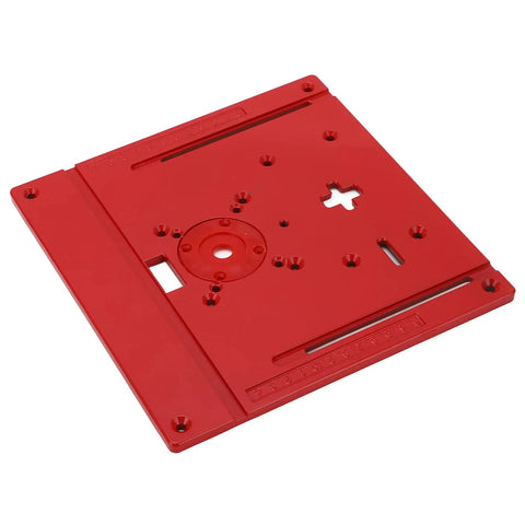 Superior Router Table Insert Plate, red, detailed with guide scale and mounting holes for jig saws and trimmers.