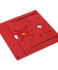 Superior Router Table Insert Plate in red, designed for jig saws and wood trimmers, features precise guide scale.