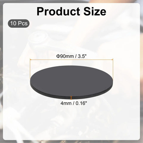 Product size display of Heavy Duty Rubber Solid Disc Washers Made To Take The Heat And Stop Floor Rattling For Hvac Gear And Man Cave Builds 90 mm Wide 4 mm Thick Jet Black 10 Piece Bundle.