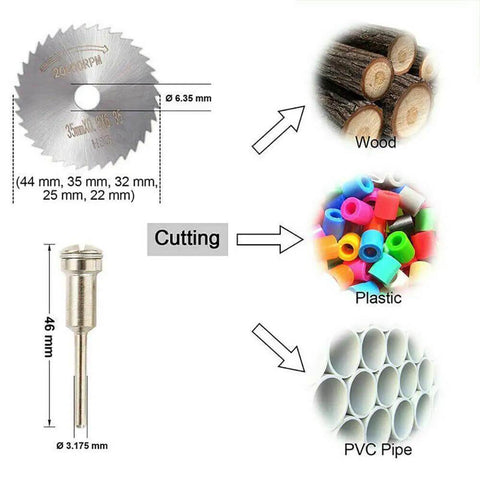 Pro Grade 30 Piece Cutting Wheel Set With HSS Circular Saw Blades diagram for wood, plastic, PVC pipe cutting uses